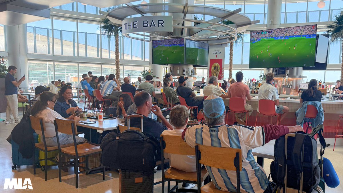 iflymia's tweet photo. Game day is taking off at MIA. ⚽✈️Argentina fans are showing their colors at MIA as they gather in our FIFA World Cup Watch Zones to cheer on La Albiceleste against Cape Verde! Whether you're flying or cheering, there's no better place to catch the action before takeoff. 🏆🌎#FIFAWorldCup #WorldCup2026