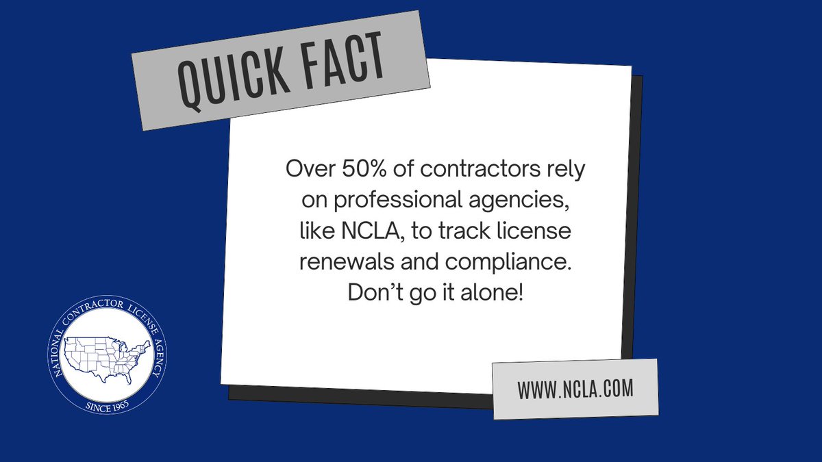 License_Agency's tweet photo. #FactFriday - Over 50% of contractors rely on professional agencies like NCLA to track license renewals and compliance. 📋✅
Why risk missing a deadline? Focus on your business while we help keep ur licenses on track.
📞 651-340-3233 | 📧 info@ncla.com
#ContractorCompliance #NCLA https://t.co/HVmZURUok4
