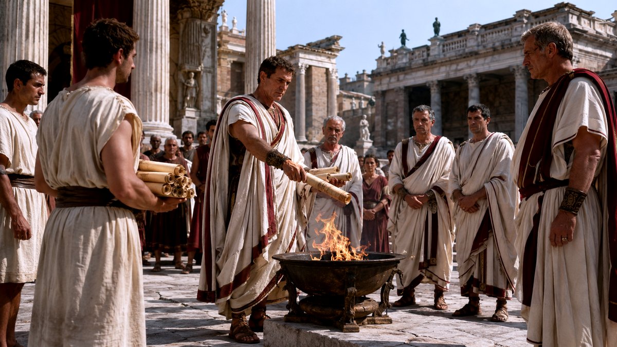 RomanTimesX's tweet photo. When Rome Burned Books: Ancient Rome did not burn books constantly. But when it did, the flames revealed what certain writings could do: authorize rites, predict the future, wound reputations, preserve memory, or prove dangerous truths. #RomanEmpireAnecdotes #romanempire https://t.co/UJvvbbG7hm