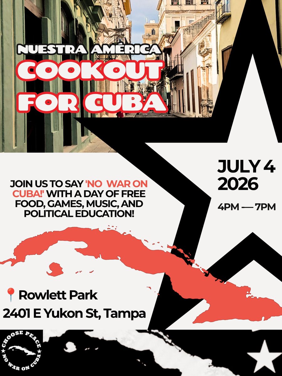PinellasDSA's tweet photo. TOMORROW! We share food, build community, &amp; raise funds for material aid for Cuba. All are welcome. Bring family &amp; friends!

📅 Sat, July 4
⏰️ 4-7 PM
📍 Rowlett Park (2401 E. Yukon St in Tampa)

#NoWarOnCuba #CubaSiBloqueoNo #NuestraAmerica #EndTheBlockade #SanctionsKill https://t.co/eshG45i5f0