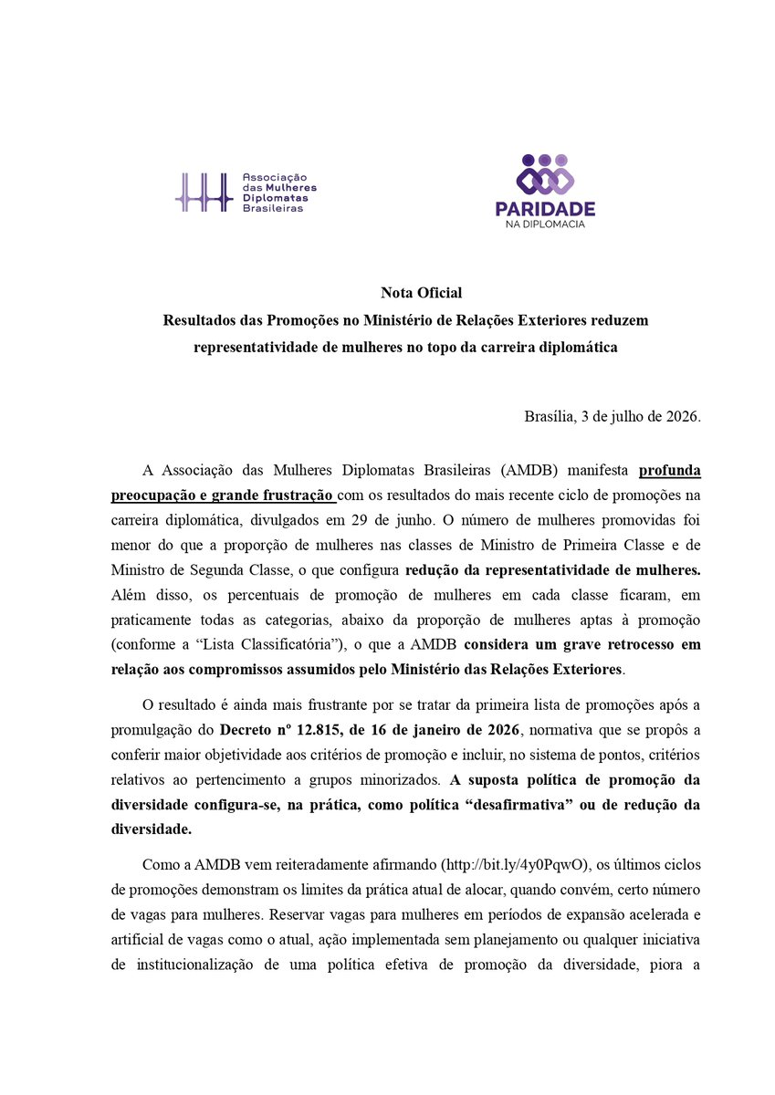 AMDB_oficial's tweet photo. Nota Oficial da AMDB
Resultados das Promoções no Ministério de Relações Exteriores reduzem representatividade de mulheres no topo da carreira diplomática
https://t.co/lGEFeOs9KM https://t.co/spyvJEOlRY
