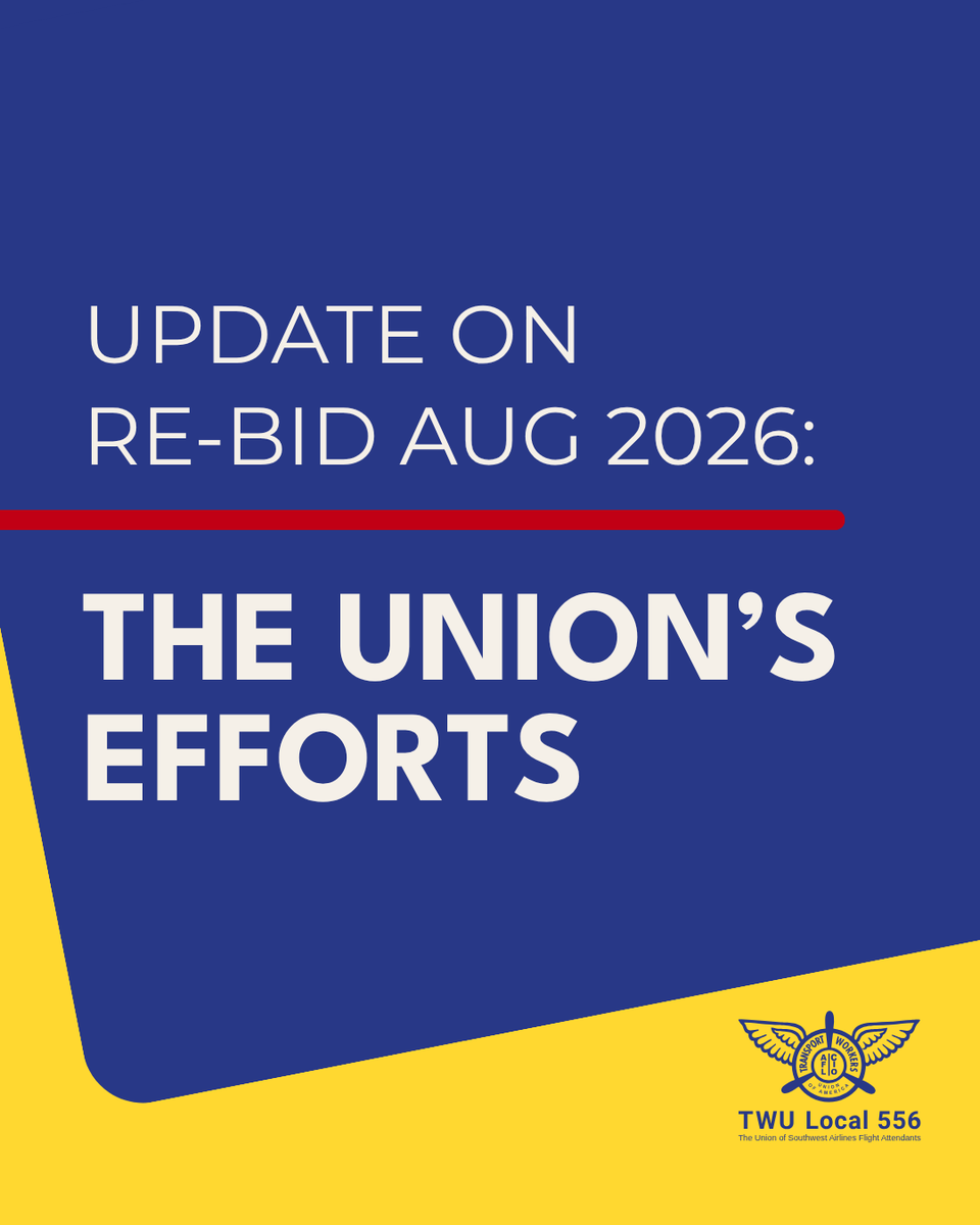 TWU556's tweet photo. UPDATE ON RE-BID AUG 2026: THE UNION’S EFFORTS

New: The August 2026 re-bid began earlier today. After the re-bid launched, there was an issue with the pay calculation for some pairings, impacting a handful of line values throughout the system.

Representing you: Your Union understands that this has caused a great deal of frustration and confusion. We have communicated to Crew Planning that if a Flight Attendant bids and is awarded the lines that were showing an error in either pairing or line pay at the time they bid for it, we will be pursuing a remedy for those impacted.

Reminder: The updated August 2026 re-bid timeline is as follows:
➡ July 3: Rebid opened at 0345 CT
➡ July 6: Bidding closes at 1000 CT
➡ July 6: Awards will post no later than 1600 CT and protest begins at 1600 CT
➡ July 7: Protest will end at 1600 CT

Advocating for you: Your Union has been on top of this issue since we were initially notified late yesterday, and we will continue all efforts to assist Members who are impacted. We will also receive a full debrief from Southwest Airlines Crew Planning on the issue that caused this situation. We will update you further on the actions taken on your behalf in the coming week(s).