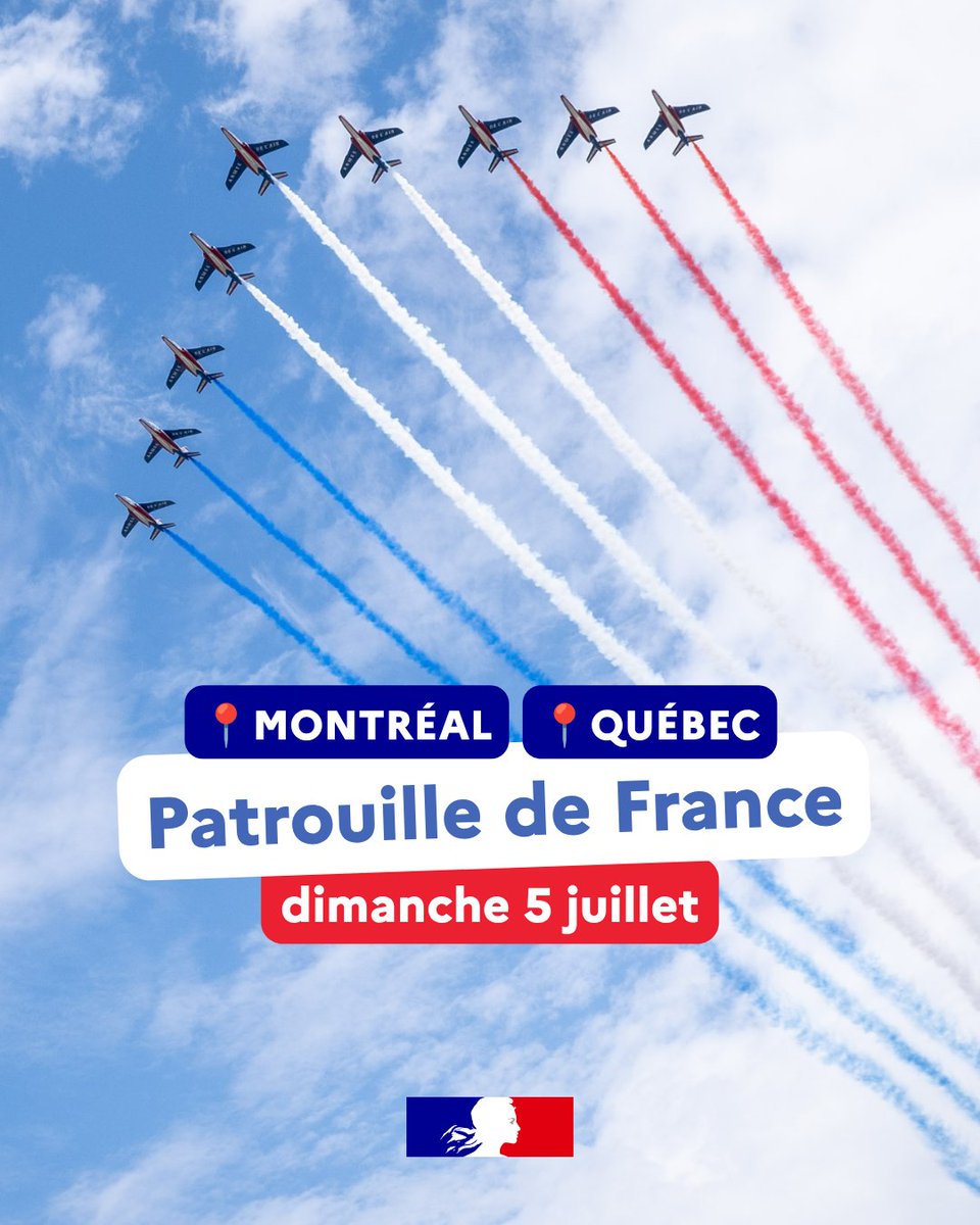 FranceQC's tweet photo. 𝐋𝐞𝐬 𝐲𝐞𝐮𝐱 𝐯𝐞𝐫𝐬 𝐥𝐞 𝐜𝐢𝐞𝐥 ! 🇫🇷✨

La @PAFofficiel survolera #Montréal et #Québec ce dimanche 5 juillet !

📍 Montréal – 14h15
📍 Québec – 14h30 https://t.co/lHMZt1l4h2