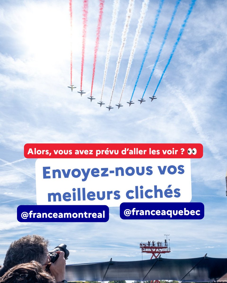 FranceQC's tweet photo. 𝐋𝐞𝐬 𝐲𝐞𝐮𝐱 𝐯𝐞𝐫𝐬 𝐥𝐞 𝐜𝐢𝐞𝐥 ! 🇫🇷✨

La @PAFofficiel survolera #Montréal et #Québec ce dimanche 5 juillet !

📍 Montréal – 14h15
📍 Québec – 14h30 https://t.co/lHMZt1l4h2
