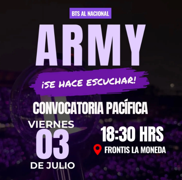 PiensaPrensa's tweet photo. Fans de BTS realizan llamado a una gran manifestación en el Palacio de La Moneda para hoy viernes a las 18:30 horas para exigir respuestas claras y seriedad frente a una situación que ha afectado a miles de personas.
"creemos que nuestras voces merecen ser escuchadas. Esta es una convocatoria para demostrar que una comunidad unida también puede manifestarse de forma responsable y pacífica" señala la convocatoria.
https://t.co/iJj1yNhVJG