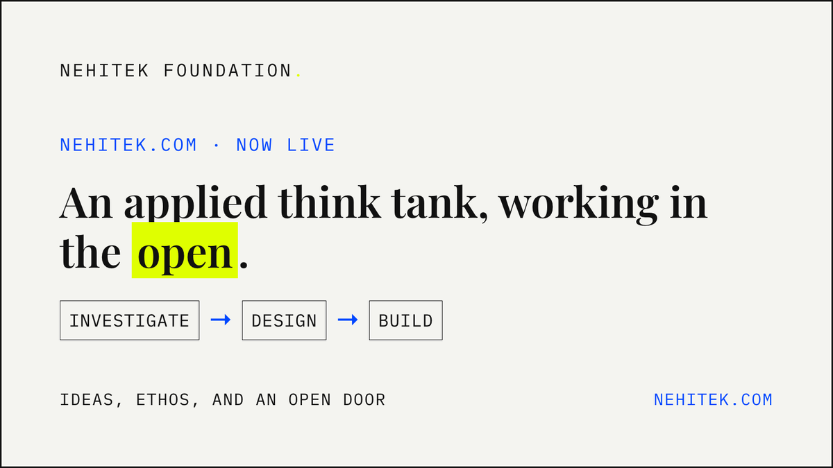 TeamNehitek's tweet photo. Our new site is a introduction to the ideas we’re testing, the ethos behind them, and an open door for anyone who wants to build with us.  

https://t.co/TQrozNr16f 
#DPI https://t.co/EWr0cQW48d