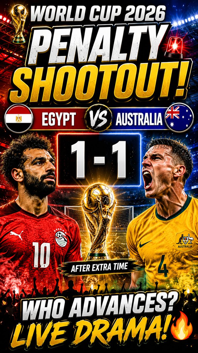 WasimPicasso's tweet photo. Egypt vs Australia Goes to Penalties! 🇪🇬🆚🇦🇺What a dramatic World Cup night! 🌍⚽ Egypt and Australia finish 1-1 after extra time, and the Round of 32 battle is now decided from the penalty spot. Who will hold their nerve and book a place

#WorldCup2026 #Egypt #Australia https://t.co/sVq066plJ1