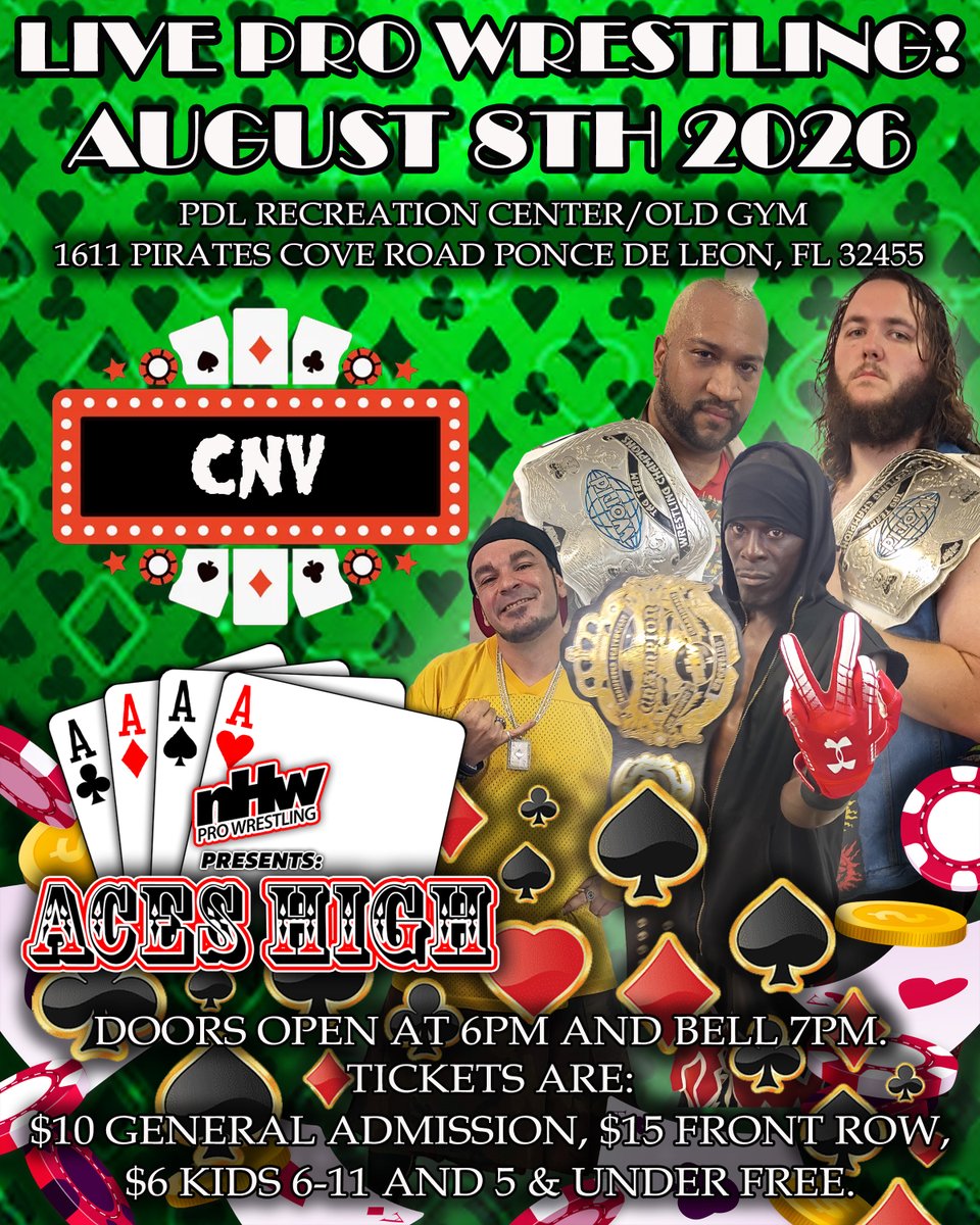 NHWPro's tweet photo. New Heights Wrestling presents ‘Aces High 26’ on Saturday, August 8th 2026 at the PDL Recreation Center/Old Gym 1611 Pirates Cove Road Ponce de Leon, Florida! 

Doors open at 6pm and Bell 7pm. Tickets are $10 General admission, $15 front row, $6 kids 6-11 and 5 &amp; under free. https://t.co/G5JM1lwHa9