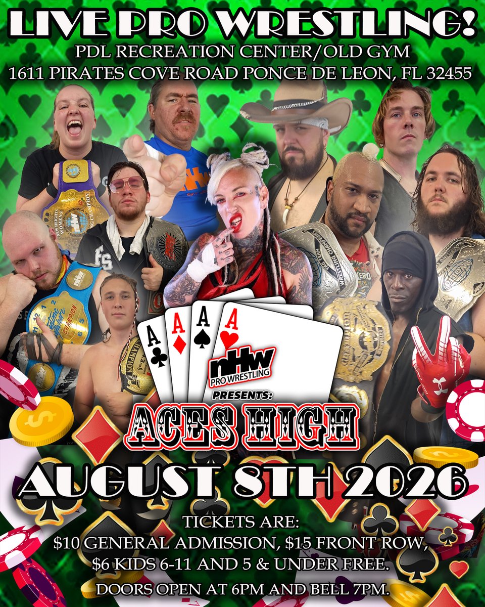 NHWPro's tweet photo. New Heights Wrestling presents ‘Aces High 26’ on Saturday, August 8th 2026 at the PDL Recreation Center/Old Gym 1611 Pirates Cove Road Ponce de Leon, Florida! 

Doors open at 6pm and Bell 7pm. Tickets are $10 General admission, $15 front row, $6 kids 6-11 and 5 &amp; under free. https://t.co/G5JM1lwHa9