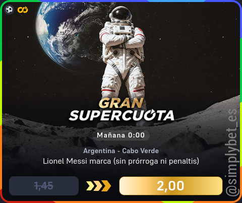 simplybet_es's tweet photo. 🔊🔊 Supercuota DORADA Winamax 🔊🔊

⚽️ Argentina - Cabo Verde (Mañana 0:00)
Lionel Messi marca (sin prórroga ni penaltis)
1.45 ➡️ 2.00 (37.93%) [10€]

#winamax #supercuota #dorada https://t.co/0qPvEFlTYW