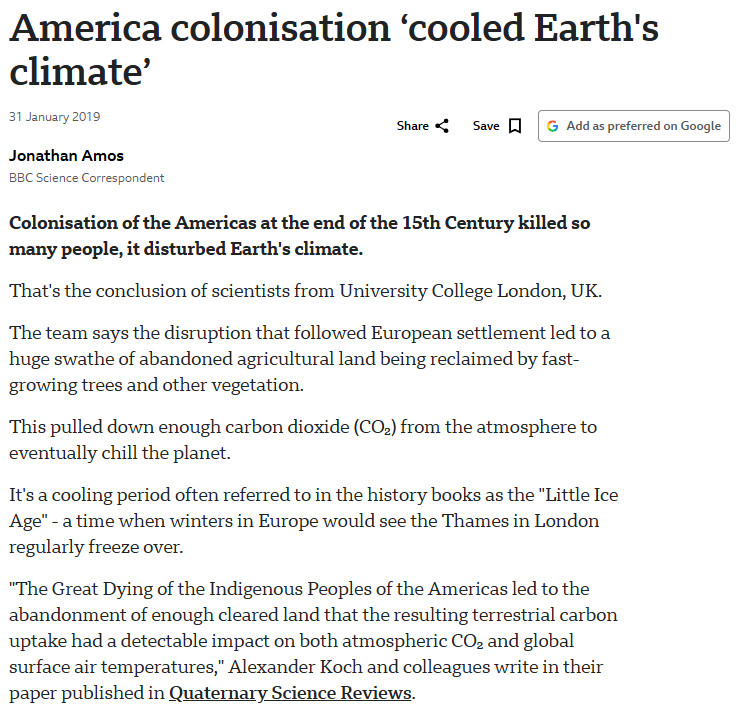 mattforney's tweet photo. @LaDarius_Minajj Buddy. American Indians cut down so many trees that when they all died in the plagues of the 1500s, the resulting reforestation helped trigger the Little Ice Age.

The Pilgrims wrote about discovering massive Indian agricultural clearings and ghost towns full of skeletons. https://t.co/mmMdF4eiFS