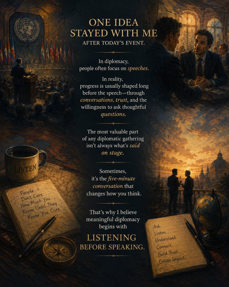 SynapBytes's tweet photo. One idea stayed with me after today's event.
In diplomacy, people often focus on speeches.
Yet, real progress is usually shaped long before anyone steps up to the podium—through conversations, trust, and the willingness to ask thoughtful questions.
The most valuable part of any diplomatic gathering isn't always what is said on stage.
Sometimes, it's the five-minute conversation that changes how you think.
That's why I believe meaningful diplomacy begins with listening before speaking.
