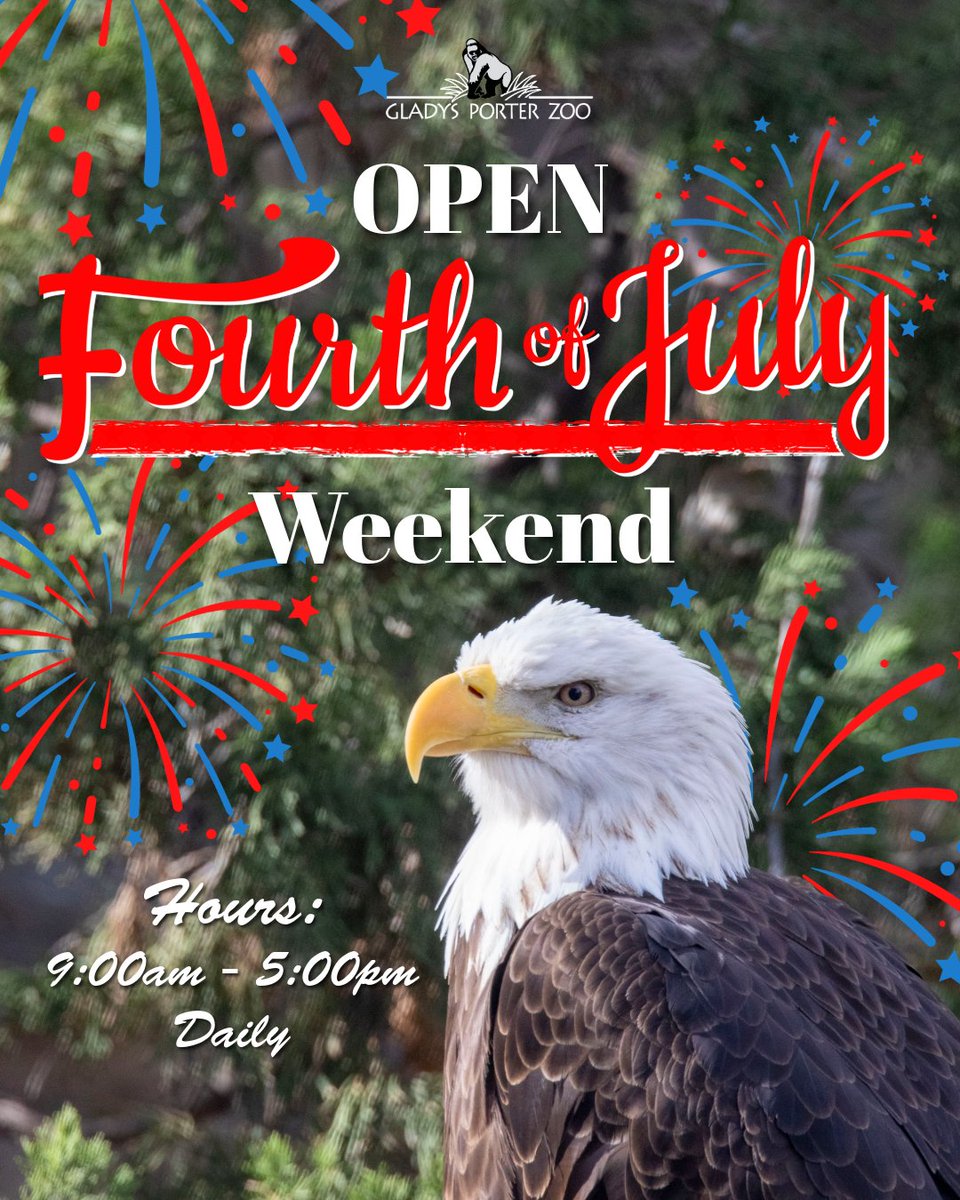 GladysPorterZoo's tweet photo. Happy #4thofJuly! 🌭🎆🇺🇸 The Zoo will be open all weekend from 9:00 am to 5:00 pm. Come spend your holiday with us!

#GPZoo #summer #zoo #july4th https://t.co/aylQNNqllJ