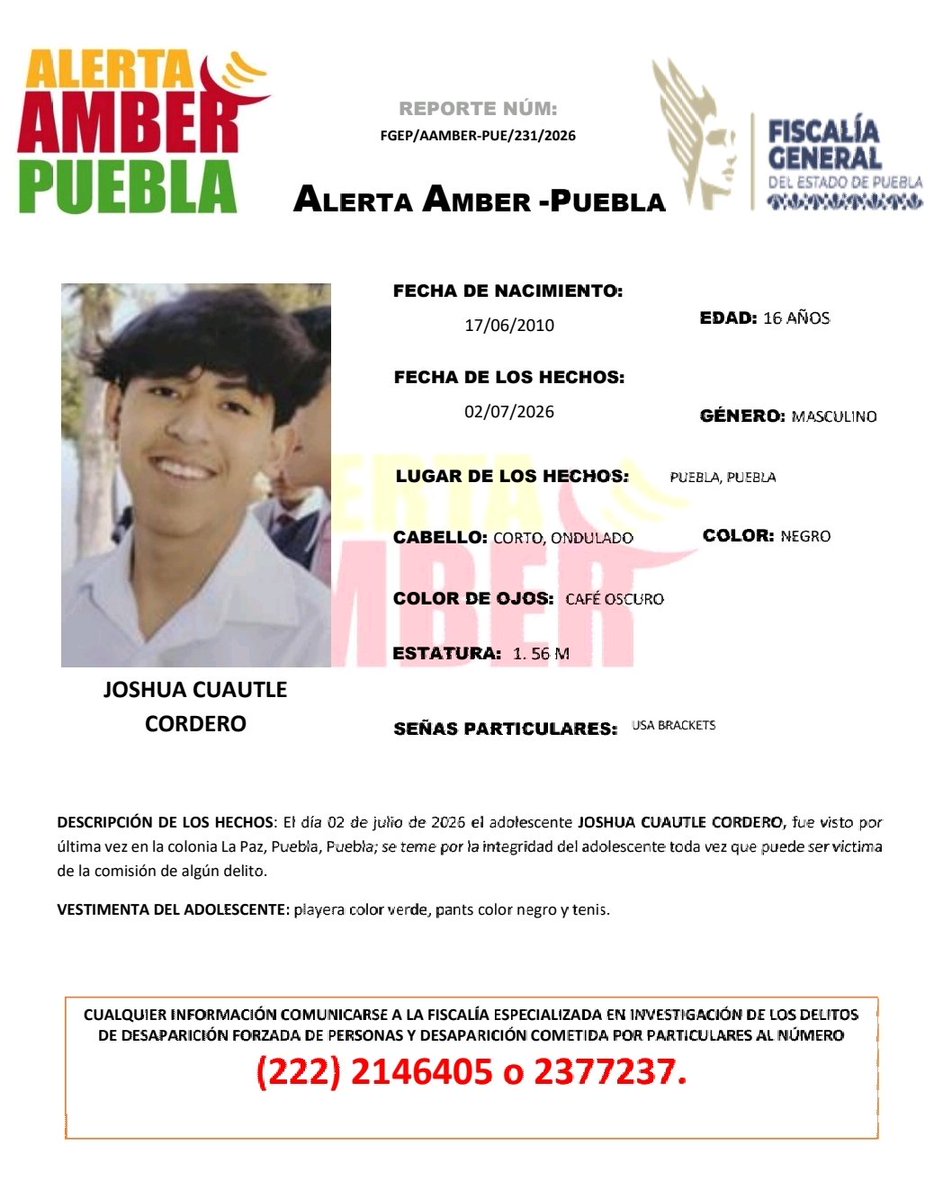 aamber_pue's tweet photo. #AlertaAmber | Solicitamos su apoyo para la búsqueda y localización del adolescente JOSHUA CUAUTLE CORDERO, de 16 años de edad.

Fue visto por última vez en la colonia La Paz, Puebla. https://t.co/1dJbTfIUZO