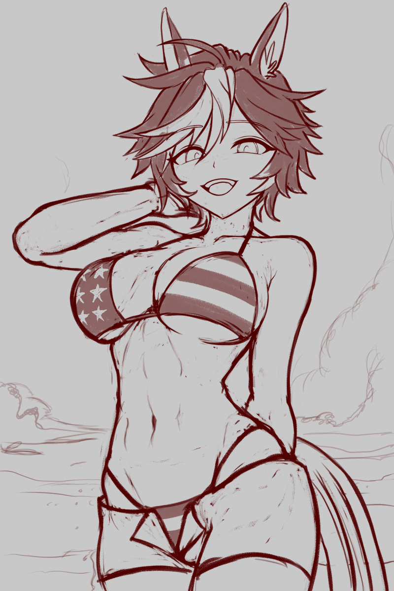 TingleRotunda's tweet photo. More summer beach and bikini sketching! This time it's @UmariTomoe ! I haven't seen a lot of fanart of her with her long hair!

Not sure I'll get this done tomorrow for 4th of July, but HAPPY EARLY INDEPENDENCE DAY AMERICA!

#Artofwarhorse https://t.co/OnMh5ni6yN