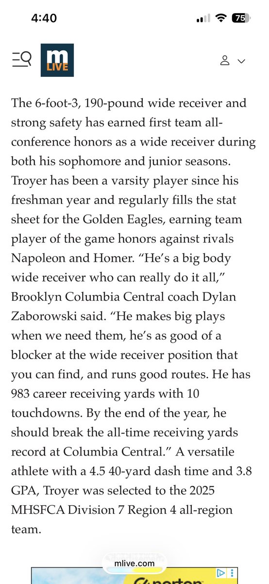 TrentTroy13's tweet photo. Honored to be recognized as one of the top receivers in d6 from @MLive. Excited to show what i have been working on this next season! 

@FBCoachGarcia @CoachJReardon @CoachBoom26 @CoachJasonMiran @DOFRecruiting @CoachParkerMTU @CoachCJGermany @coachyakes7 https://t.co/IsCbLRLgPx