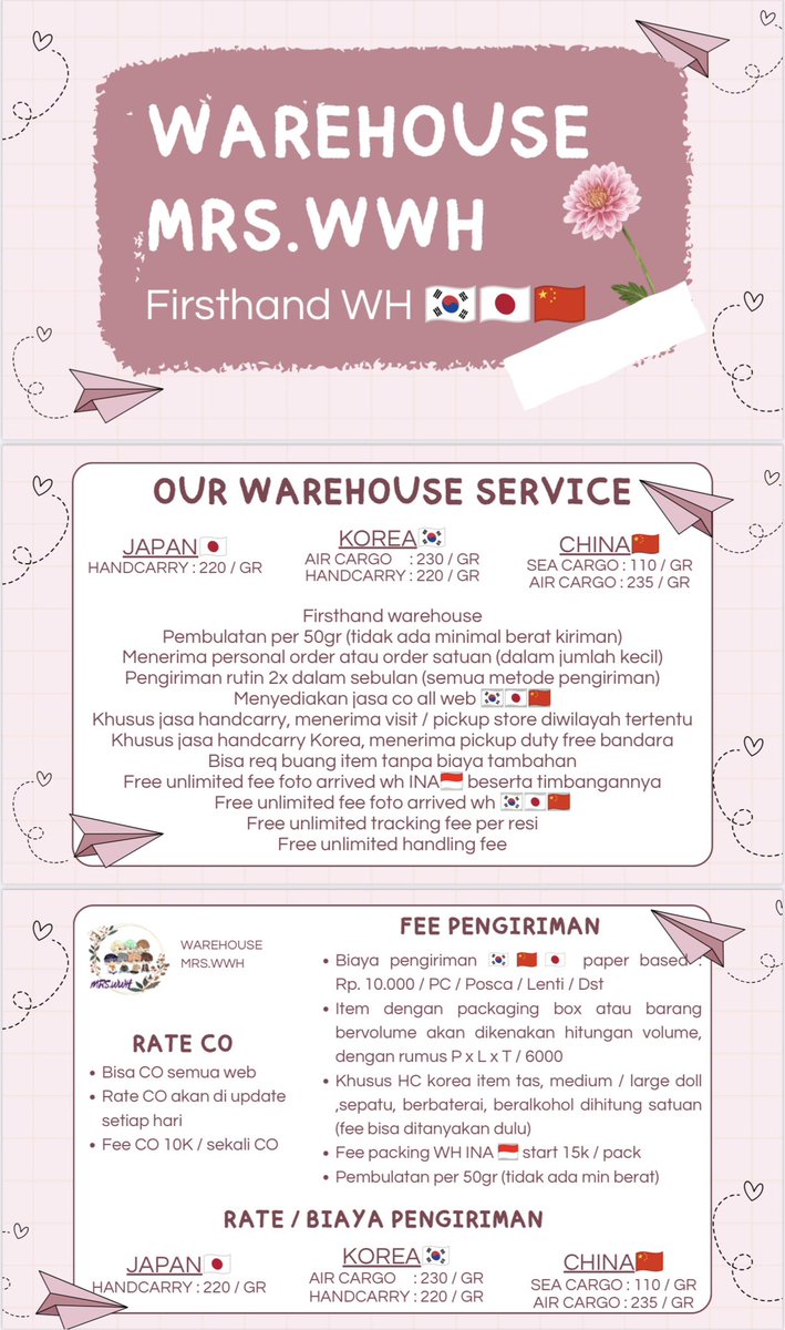 MRSWWH_ID's tweet photo. 📦FIRSTHAND WAREHOUSE BY MRS.WWH📦

Service :
~ WH Korea, Jepang, China
~ Jasa co all web
~ Menerima Personal Order

✈️ Pengiriman via handcarry hc, ems, sea cargo
📲 Grup WH / GO di WA
📍JKT

☆ Details fee, rate, t&amp;c on pict
☆ Any testimoni and CP : https://t.co/Mjpa5sAtSX https://t.co/tMmSJEwzRZ
