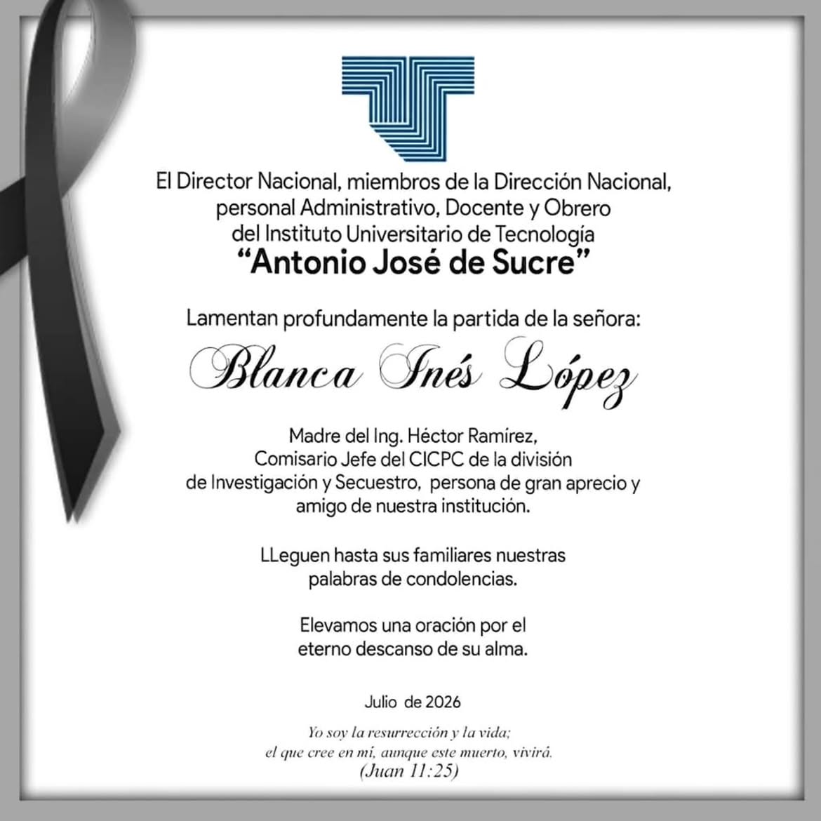 MeridaUts's tweet photo. Desde  @MeridaUts expresamos nuestras más sentidas condolencias por el sensible fallecimiento de la señora Blanca Inés López. Confiamos en que nuestro Padre Celestial brindará consuelo y fortaleza a sus familiares en estos momentos tan difíciles. https://t.co/bXfJ1cZeCQ