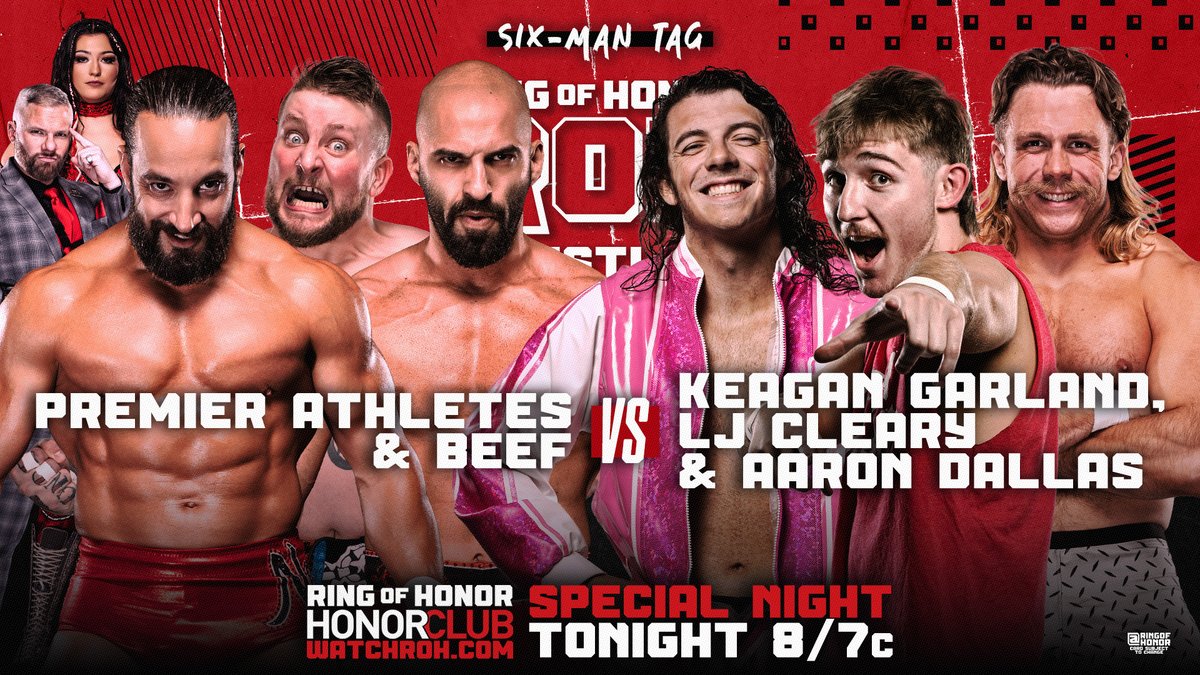 ringofhonor's tweet photo. After the fallout from last week’s controversial finish, The Premier Athletes and @BEEFTCB try to stay on the same page against Aaron Dallas, @LJ_Cleary, and @KeaganGarland in a huge six-man tag team clash!
📺 Watch ROH TV on #HonorClub at https://t.co/8dcdtxqvDf 8/7c https://t.co/f7RbfqRe9Q