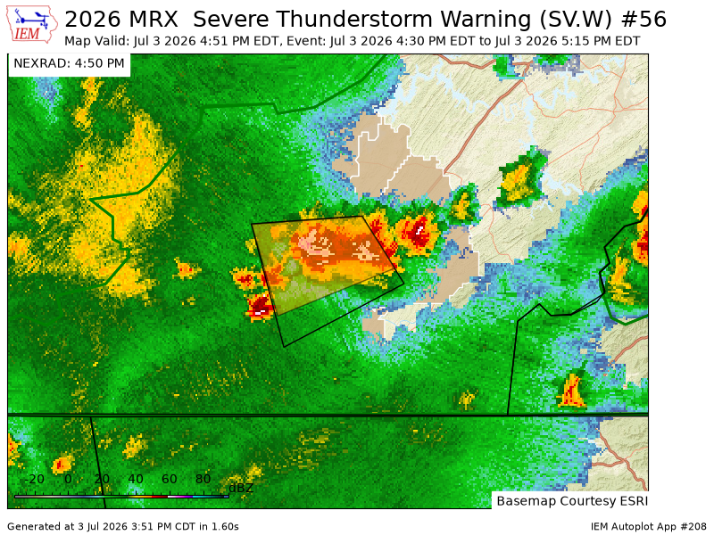 MRX continues Severe Thunderstorm Warning [wind: 60 MPH (RADAR