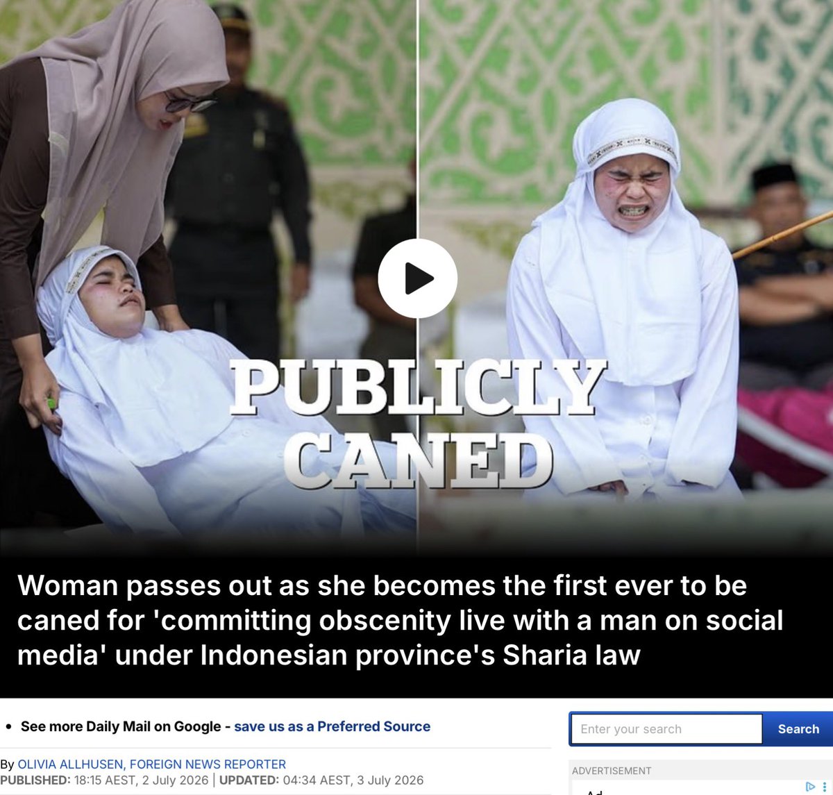 MarkWRowley's tweet photo. Don’t forget, folks …Islam is the most feminist religion 🤪

A woman has become the first person to be publicly caned in Indonesia's Aceh province for 'committing obscenity live with a man on social media' under its strict Sharia law.

The punishment was handed down after she and her partner were accused of kissing during a TikTok livestream. 

Images show the woman kneeling and screaming in agony as a masked Sharia police officer repeatedly brings the cane down across her back.

Her face contorts in pain with each strike before the punishment becomes too much to bear and she loses consciousness. 

Dozens of onlookers watched the caning, with some calling for the officials who carried out the punishment to 'whip stronger'.

It is unclear how many of the 21 lashes she was sentenced to the woman had received before she fainted.

She is seen collapsing to the ground clutching her back as a woman behind her rushes forward to catch her.

The woman then lies motionless on the floor as a medic examines her to determine whether she is fit enough for the punishment to continue.

Even if she requires medical treatment, she will not escape the sentence, with any remaining lashes postponed until she is deemed well enough to complete the caning.

Rows of police officers watched the punishment from their seats as it was carried out in public.

The woman's partner was also caned over the TikTok livestream, while four other convicts also received lashes.

The couple was reported to the authorities after they were seen kissing during a livestream on the video app TikTok, which prompted an investigation that led to their punishment, the city's sharia police head Muhammad Rizal told reporters on Thursday.

Read more: https://t.co/8gewygyelY