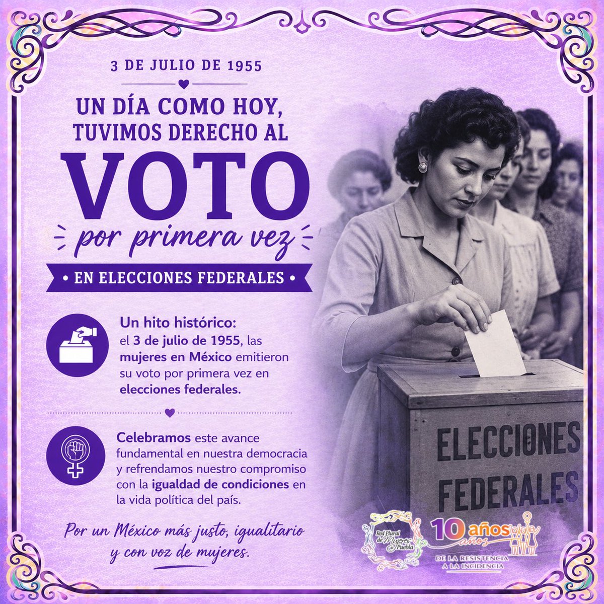 RedPluralMujer's tweet photo. Un 3 de julio de 1955, las mujeres en México emitieron su voto por primera vez en elecciones federales 🗳️ 🇲🇽 https://t.co/8vjRE1Tqz3