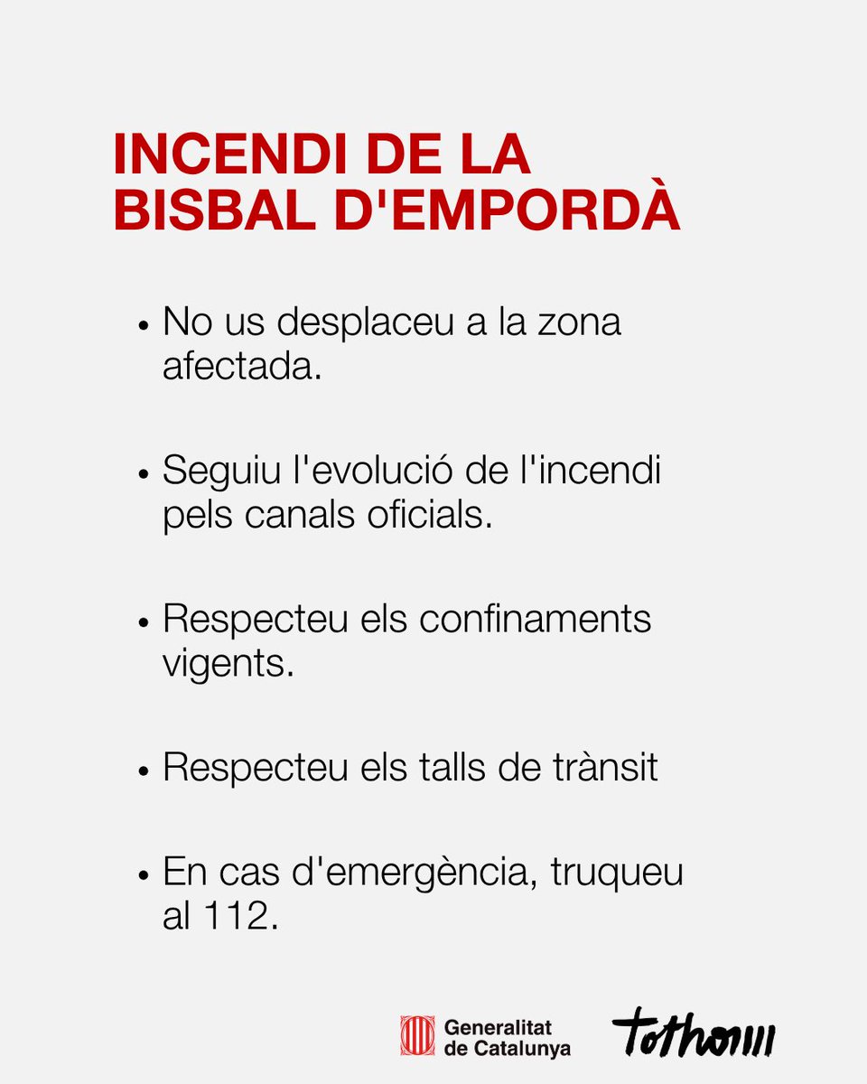emergenciescat's tweet photo. ⭕ Durant la propera nit i matinada es manté el confinament dels 7 municipis afectats per #IFBisbaldemporda

Els veïns s'han de mantenir tancats a casa, seguir les indicacions de les autoritats, i trucar al @112 en cas d'emergència.

Es demana evitar els desplaçaments a la zona https://t.co/BMDKgGpUf3
