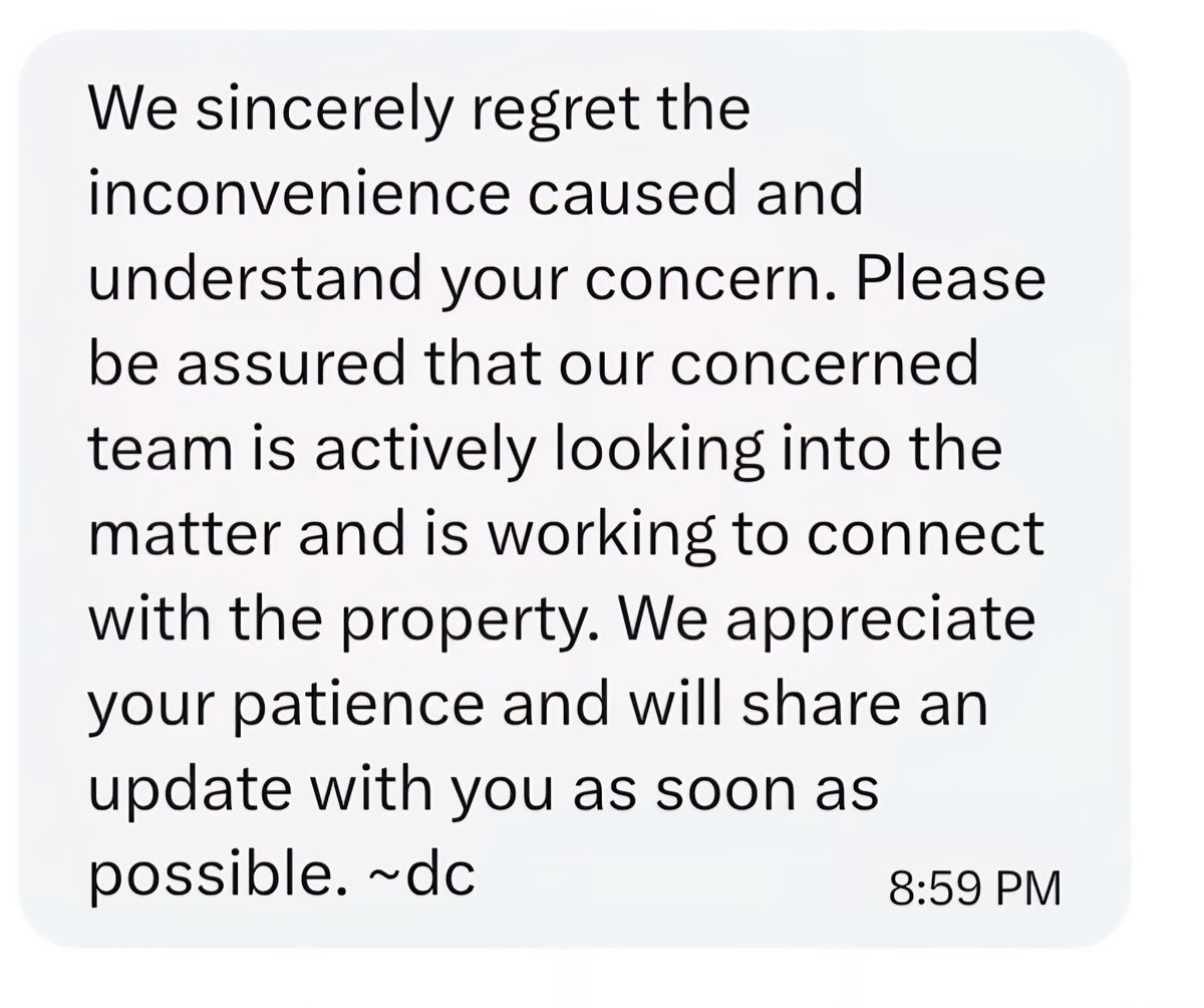 princesskate78's tweet photo. @motel6 It's been 5 days &amp; no satisfactory resolution: no call, email, and NO REFUND. When I follow up with a DM I get auto responses like this. Newport doesn't answer the phone, are you communicating with smoke signals? This level of customer service is completely unacceptable. https://t.co/OwTNsKhgBg