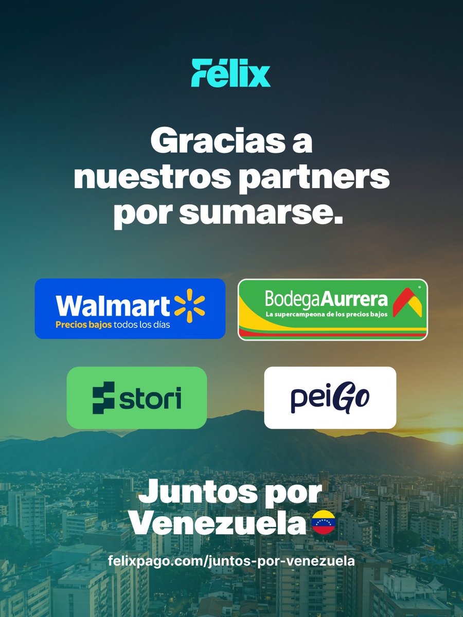 Felixpago's tweet photo. Un enorme gracias a nuestros partners @WalmartMexico, @BodegaAurrera, @StoriMX,  y @peigo_ec por apoyar la iniciativa Juntos por Venezuela. Destinando una parte de las comisiones generadas por envíos a la campaña de donativos.

#Félix #JuntosWeSucceed https://t.co/hNkaVhbvmc