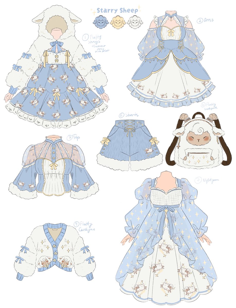 NyahalloShop's tweet photo. Meet the Starry Sheep Collection  ☁️⭐️🐑

This collection was inspired by the feeling of counting sheep before bed, storybook illustrations, soft clouds, and quiet nights under a sky full of stars. We wanted everything to feel dreamy, cozy, and comforting, with fluffy textures, sleepy sheep motifs, soft blues, warm creams, and little golden star details scattered throughout the designs.
The collection includes a sheep-ear shrug, storybook dress, nightgown, cardigan, crop top, shorts, and even a matching sheep crossbody bag. Every piece was designed to feel like something out of a bedtime story while still being wearable and easy to mix and match.

We're finally putting together an interest check for this collection and would love to hear your thoughts! Which pieces are your favorites? Would you wear the full coordinated look, or are there certain items you'd style on their own? 🌙✨