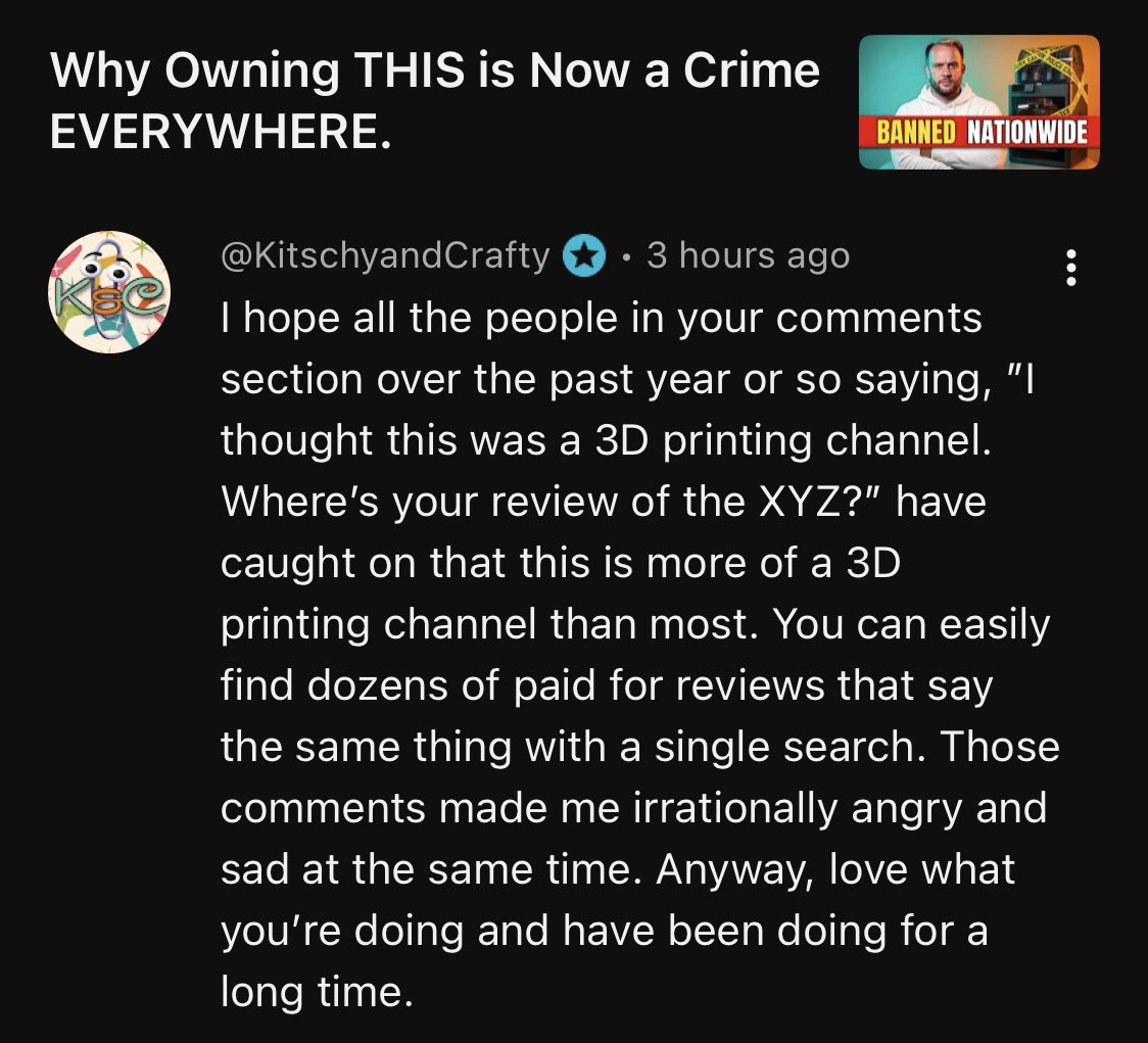 loyalmoses's tweet photo. I couldn’t agree more! I am the best 3D printing channel. 😁 

“Look at this print!”, “New blah blah blah review!”… all the same, boring, no creativity and wouldn’t touch the important topics or just attacked me for doing it, then waited for me to clear the trail.

So afraid to lose their free printers and filament, they can’t be honest with you about who was paying them…

I said years ago, that the new printer review hustle was stupid, and it would actually be the anchor that took down these channels, because they were too busy grinding for those views that they couldn’t grow and expand their content.

Now, I’ve made them aware that the ceiling is limited, some of them are trying to expand, but for most, it is too late. Easier to start another channel. I’d highly recommend that if you want a career in YouTube. Facts. 👍