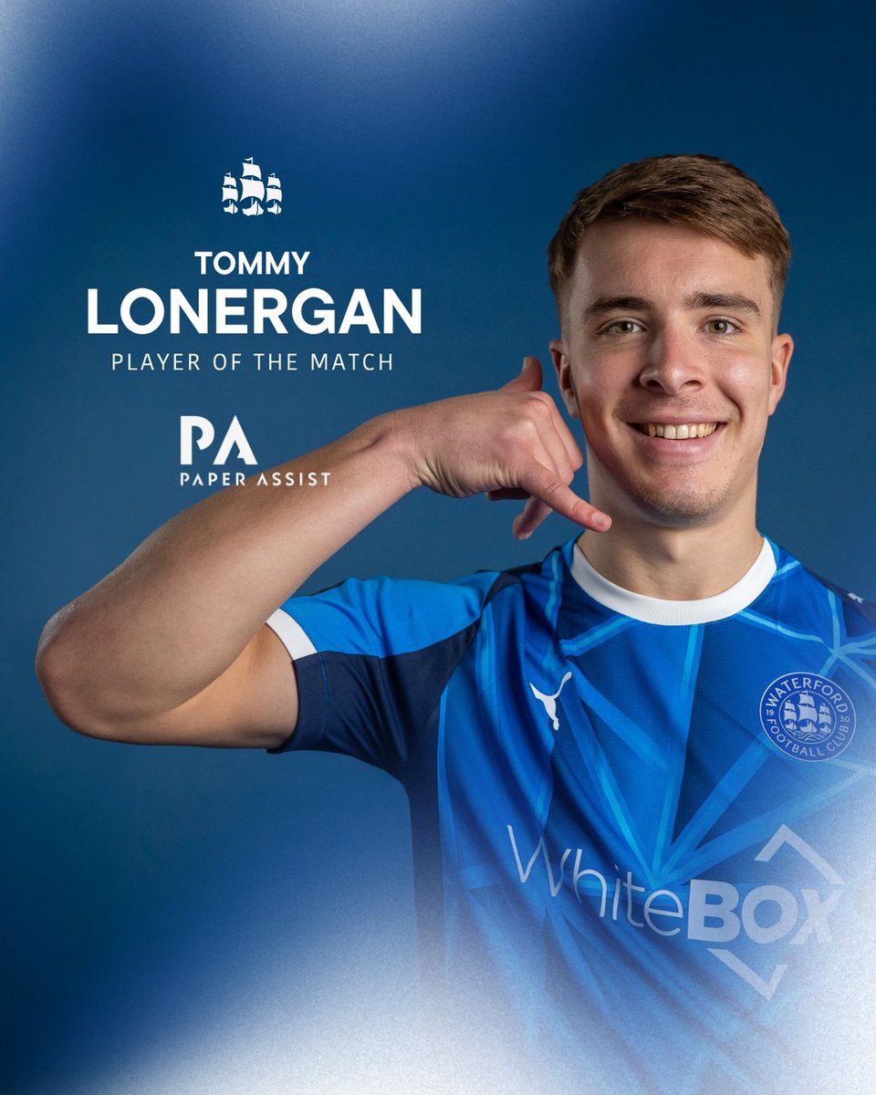 WaterfordFCie's tweet photo. 🏆 | Congratulations to Tommy Lonergan who, for the second week running, has been selected as the Paper Assist Player of the Match following an exceptional night in front of goal as our number 18 found the net twice and earned himself one assist 👏

#WaterfordFC | @paperassist https://t.co/PT7KLcFQtp