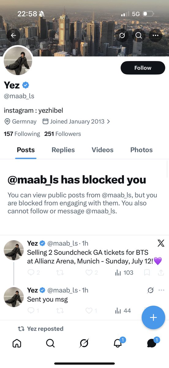crying4mitski's tweet photo. BEWARE SCAMMER 
he has tried scamming me for tickets, they are not VIP SOUNDCHECK AND HE ALSO DOESN’T FOLLOW BTS ANYWHERE, the proof he sends is from a girl with a spanish telephone! https://t.co/k8MlPAnucK
