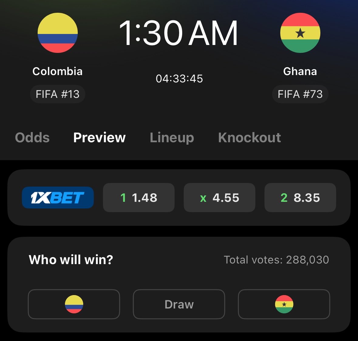 E_K_Amedo's tweet photo. Ghana vs Colombia: Predict the correct score and win 200 Kasapreko shares, or any shares equivalent to the price of 200 Kasapreko shares.

Conditions:
Ghana must win 
You must repost
Predict before kick off.
Be the first to predict 

Best wishes, everyone! https://t.co/57wC8y5O9U
