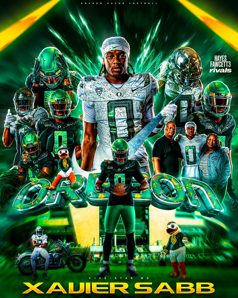 Hayesfawcett3's tweet photo. BREAKING: Five-Star WR Xavier Sabb has Committed to Oregon, he tells me for @Rivals

The 6’1 195 WR chose the Ducks over LSU, Tennessee, and UCLA

“I’m locked in and ready to bring a national championship to Eugene, Oregon”

https://t.co/CfIrHAIrzU https://t.co/HG0KnV0BUP