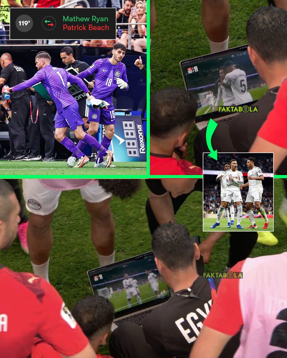 FaktaSepakbola's tweet photo. Taktik adu penalti kedua tim. Australia ganti kiper di menit 119'. Sementara squad Mesir, sebelum adu penalti mereka nobar video tendangan penalti Kylian Mbappe di Real Madrid. Saat itu Mbappe golin ke gawang Levante yang dijaga kiper Australia yakni Mathew Ryan. Boleh juga 😆 https://t.co/KbXqZwwEbU