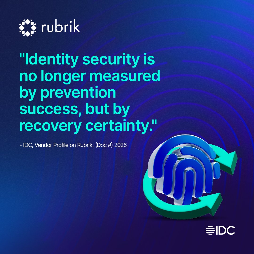 rubrikInc's tweet photo. "Identity security is no longer measured by prevention success, but by recovery certainty." - IDC

A new IDC Vendor Profile examines how Rubrik treats identity as recoverable infrastructure — not just a control plane.

The result: customers cutting identity recovery time from weeks or months to hours, across AD, Entra ID, and Okta.

Read the profile: https://t.co/xb4Obgvhc2