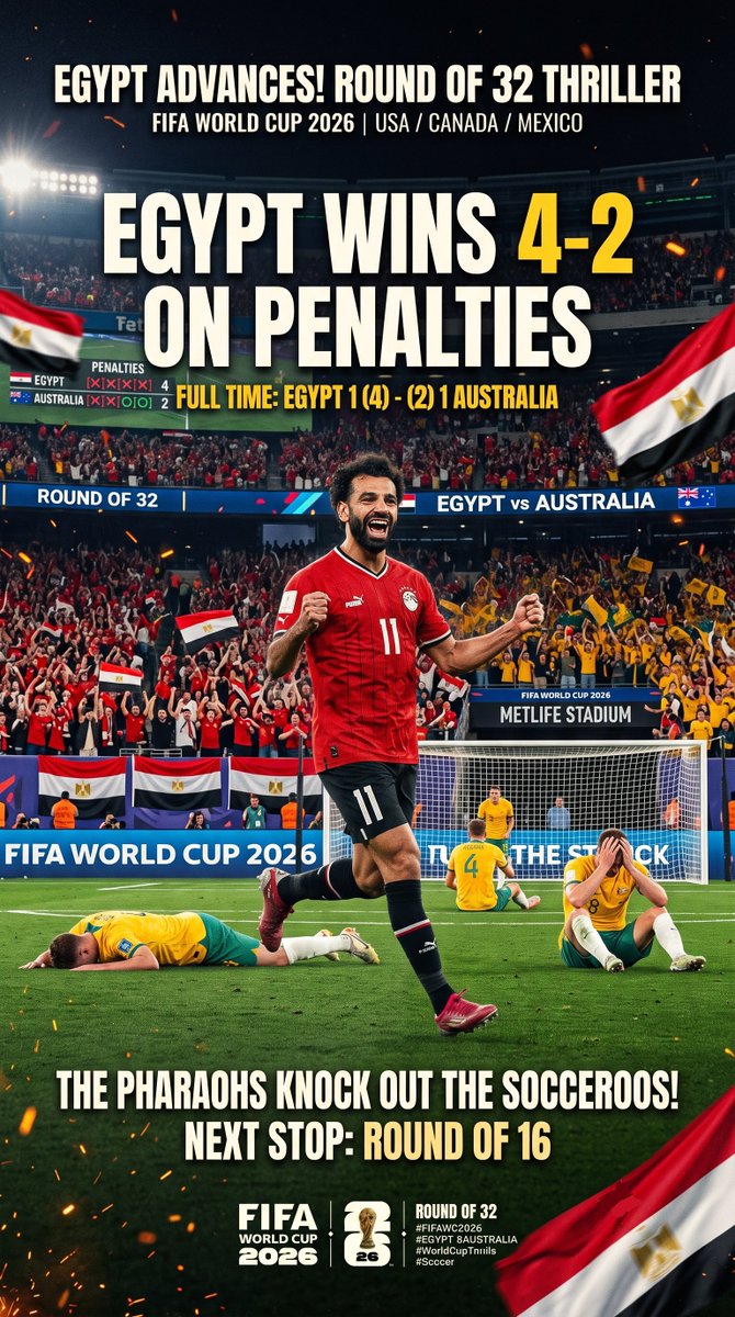 matchdayradar's tweet photo. HISTORY MADE IN TEXAS 🇪🇬⚽️ 

The Pharaohs march on! Egypt beats Australia on penalties to claim their first-ever World Cup knockout victory.

Next stop: Round of 16 👑
#WorldCup2026 #Egypt #Pharaohs https://t.co/cHUOJZtyHM