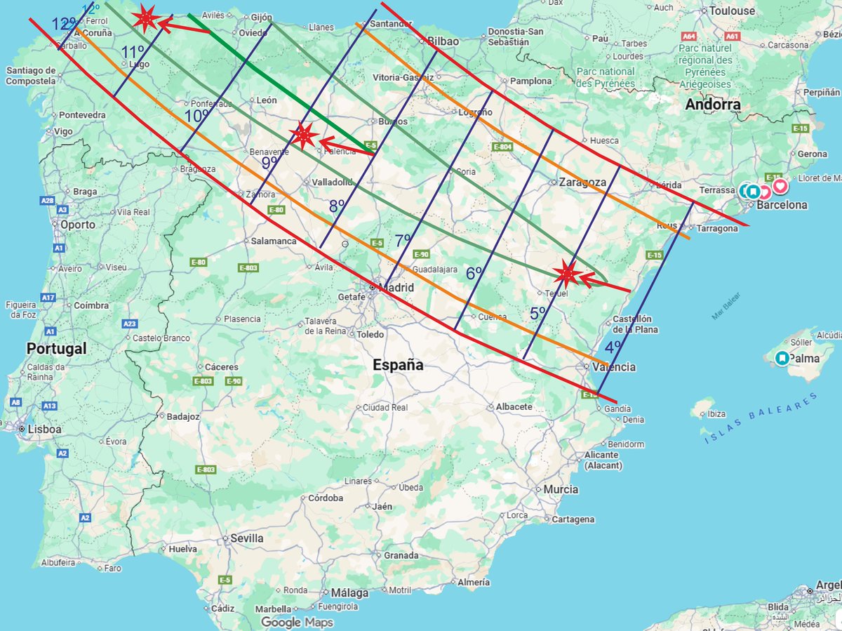 astronomiamag's tweet photo. 📷 Zonas buenas y menos buenas para observar el eclipse en territorio de España. Líneas azules: altura del Sol sobre el horizonte. Flechas rojas: dirección del Sol en el momento del máximo.

📕 Revista N.º 325-326 (Julio-Agosto 2026)
Agenda Cenit
Antonio Bernal https://t.co/FiR5UrnW8Y