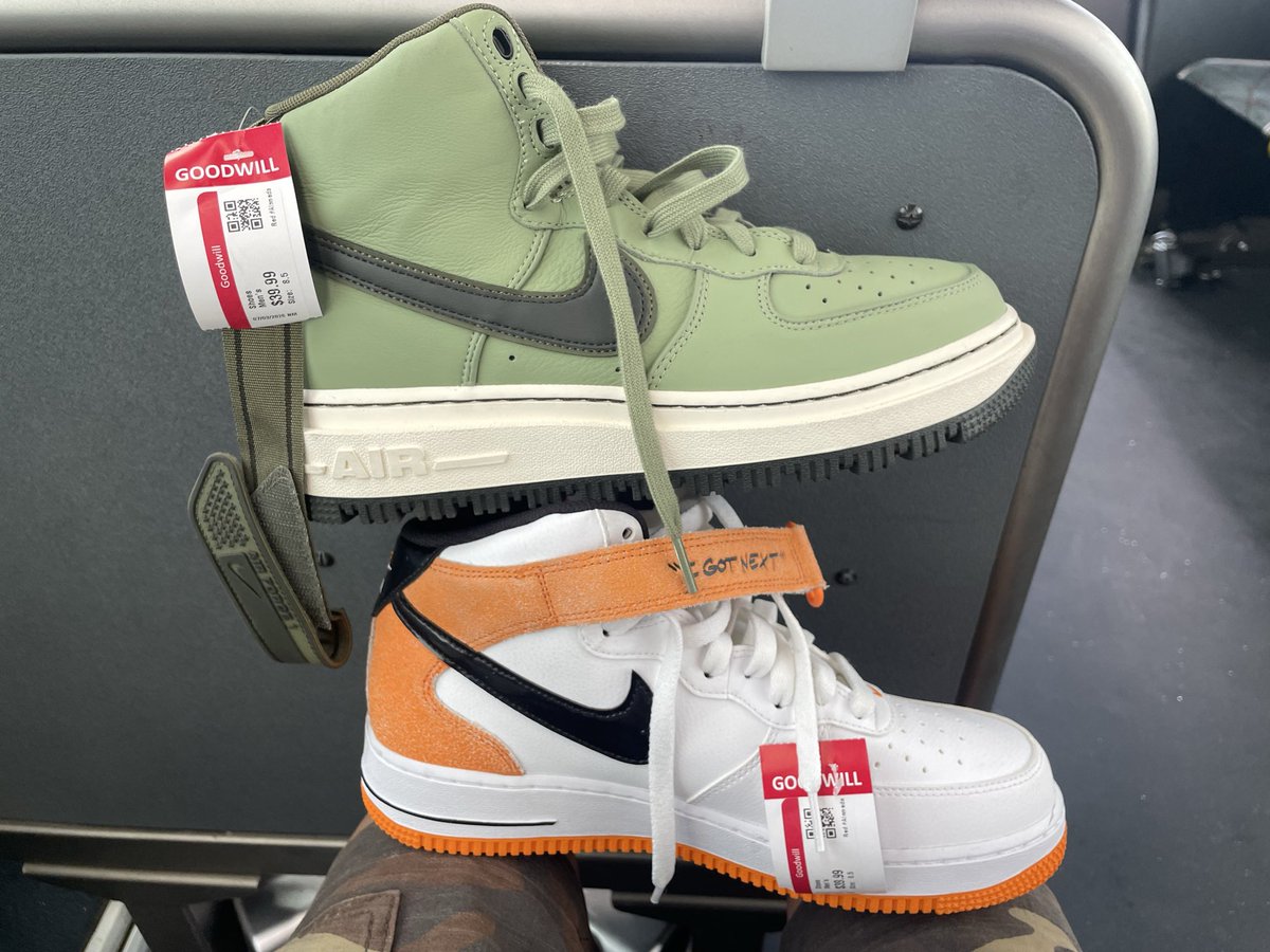 Turnstile's tweet photo. took the bus from Montgomery / San Pedro to cottonwood area to visit Savers but nothing but next door at #goodwill I found two rare pairs of kicks for $39.99 each now i am almost back home holy snap this made my day, probably won’t sport until fall #nike #swag #thriftfinds https://t.co/PDG9ZIZrJg