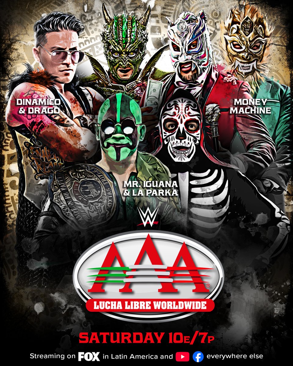 WWE's tweet photo. THIS SATURDAY on AAA, it’s a Triple Threat Tag Team Match as Mr. Iguana &amp; La Parka take on Money Machine and Dinamico &amp; Drago! 🦎💀💥

📺 8PM Mexico &amp; Latin America on Fox and Fox One

🌎 10 ET/7 PT on Facebook &amp; YouTube https://t.co/3HmXzKwf8Z