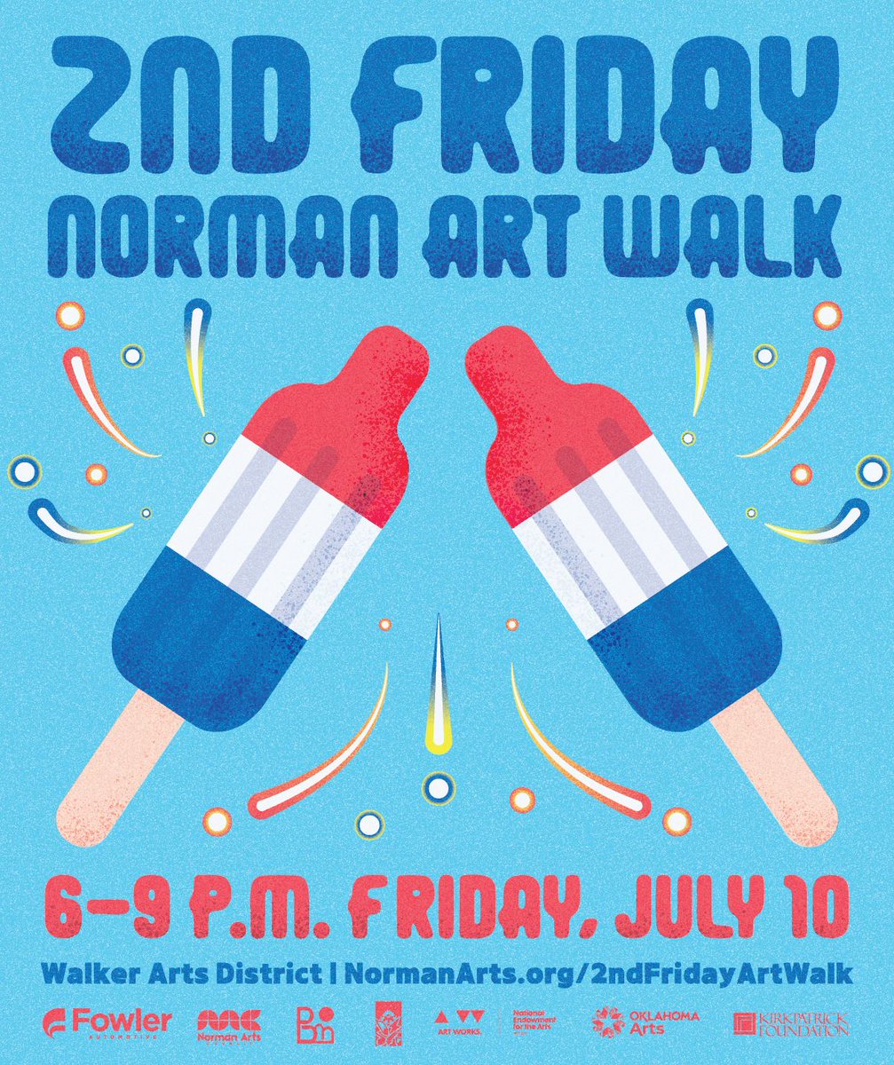 NormanArts's tweet photo. It's almost time for another 2nd Friday Art Walk! We hope to see you in Norman's Walker Arts District next Friday, July 10 from 6-9 pm for a night celebrating the arts and creativity! Keep an eye out for our lineup at https://t.co/sJKgTZ49C9! 🎆 https://t.co/BoojVDrH7B