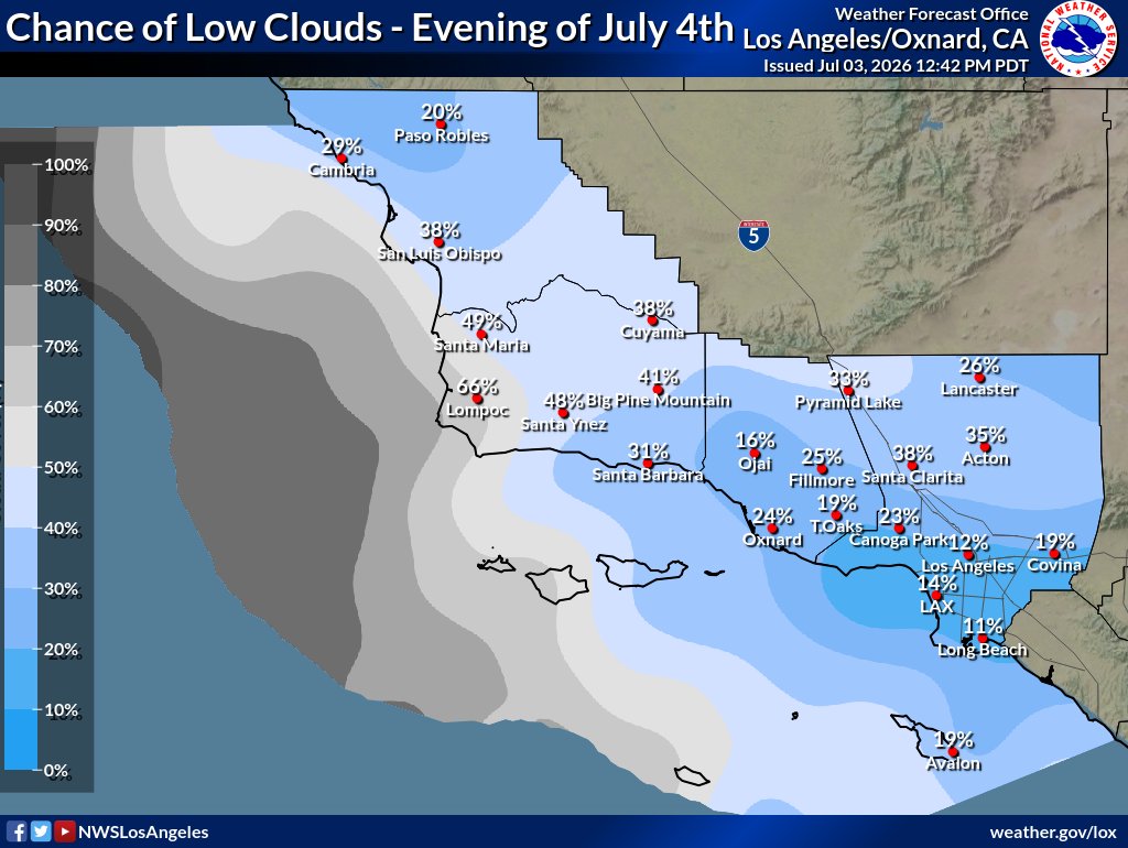 NWSLosAngeles's tweet photo. Forecast for Independence Day Holiday: 

Temperatures will be near or slightly below normal. High clouds are expected during the day, then low clouds are likely in the evening for portions of the Central Coast, otherwise most areas are favored to be clear in the evening! 🎆🎆 https://t.co/3QxKIAAKQT
