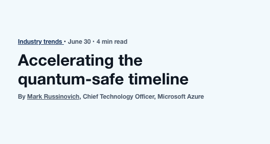 InvestQuantique's tweet photo. $MSFT  (Microsoft) avance son échéance quantum-safe à 2029 pour ses produits et services critiques. 

Source : blog de Mark Russinovich, CTO Azure, 30 juin.

https://t.co/uckkabJyy0

Ce n'est pas un ordinateur quantique qui casse le chiffrement en 2029. 
C'est un calendrier de migration interne. 

Microsoft précise lui-même que la machine capable de casser la crypto actuelle n'est pas imminente. 

On accélère par prudence, pas parce que la menace est là demain.

Le vrai moteur, c'est le risque « harvest now, decrypt later » : on capte aujourd'hui des données chiffrées pour les déchiffrer plus tard, quand la machine existera. 
C'est ça qui justifie de migrer avant, pas une percée technique.

Quand un géant fixe une échéance et l'avance, la cryptographie post-quantique passe de sujet de labo à ligne budgétaire concrète. 

C'est le signal à suivre...

L'Investisseuse Quantique · Analyse · Chiffres · Sans hype
#InformatiqueQuantique #Cybersécurité
