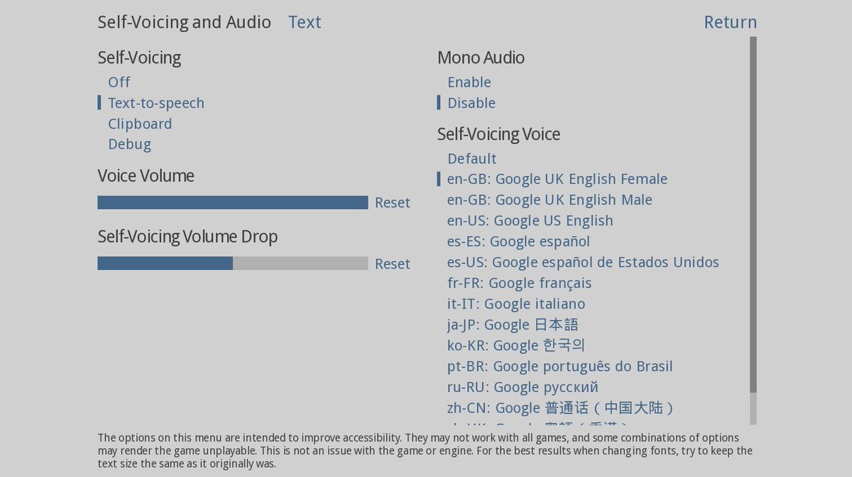 renpytom's tweet photo. Ren'Py 8.6 will have a new option to select the voice used for self-voicing from the voices that are available on the user's device or web browser. (Depending on the platform.) It's going to be one more  setting available on the shift+A accessibility menu. 
1/2 https://t.co/EXfFJF23ef