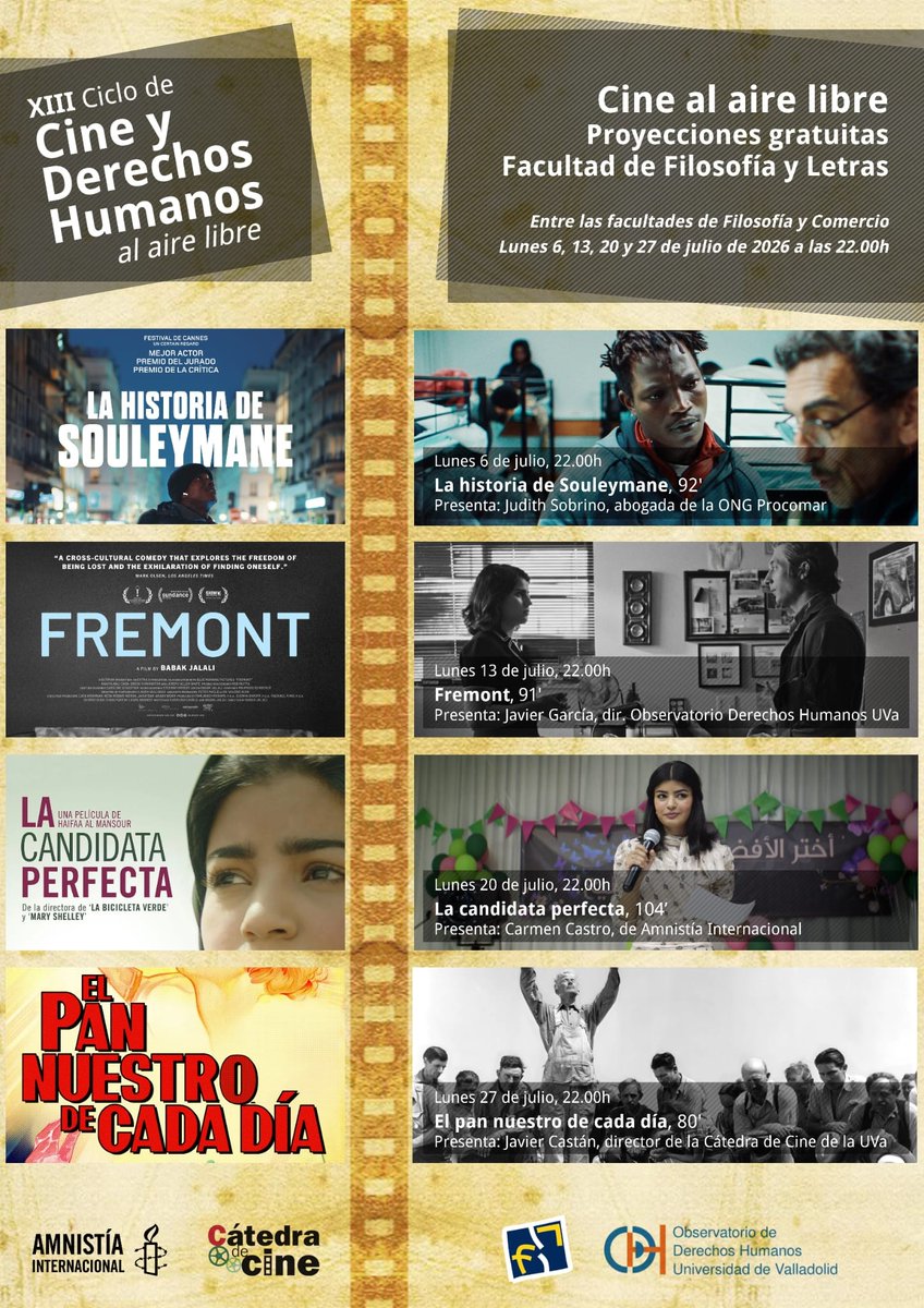 AI_Valladolid's tweet photo. Uhm... ¿A qué huele? ¿Puede ser que huela a verano..? ¿Puede ser que huela a cine..? ¡Ya lo sabemos! ¡Huele a cine de verano! Concretamente... ¡al XIII Ciclo de Cine y derechos humanos al aire libre!
#ddhh #cineyddhh #cineyddhh2026 https://t.co/3M6qPdoGdH