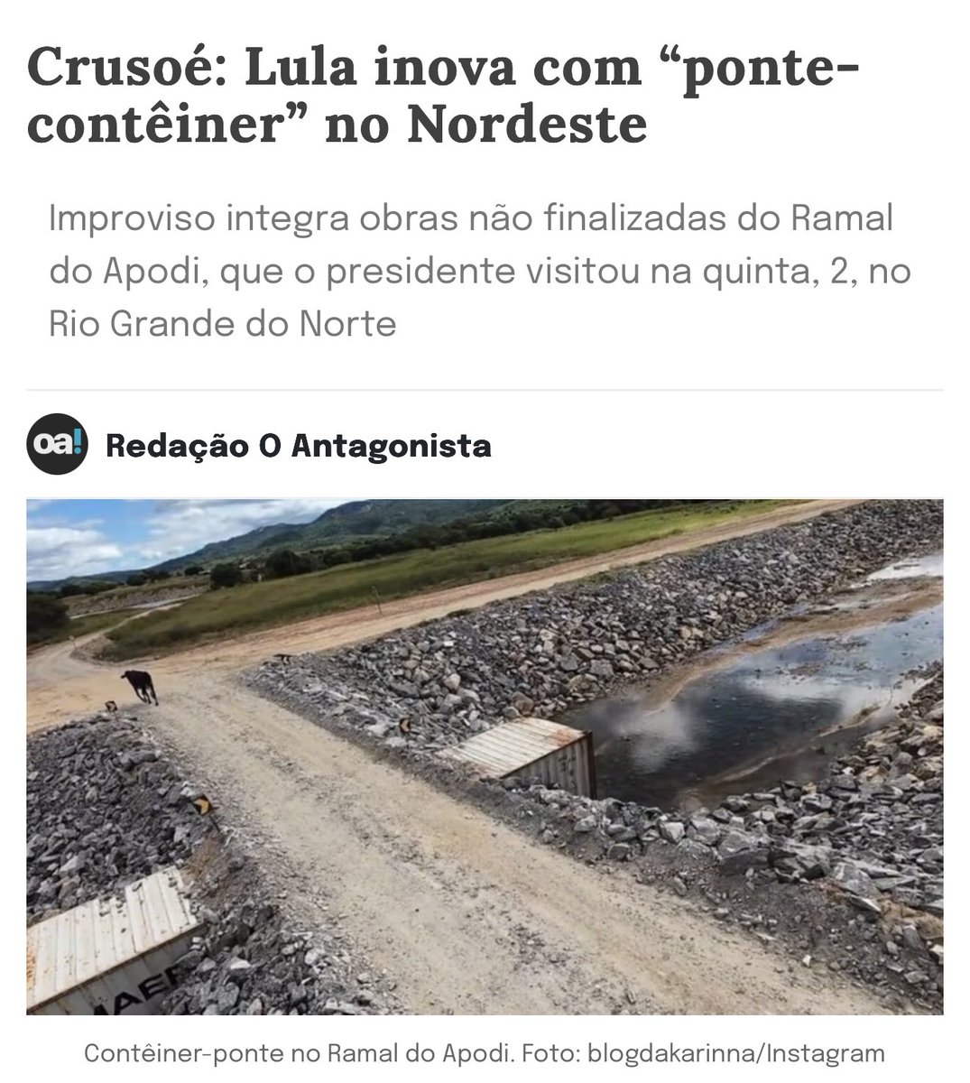 RafaelFontana's tweet photo. Lula inaugurou uma caixa enferrujada no Nordeste.

A novidade do petista servirá para as vacas atravessarem um canal ressecado. https://t.co/kyD2VRxUFT