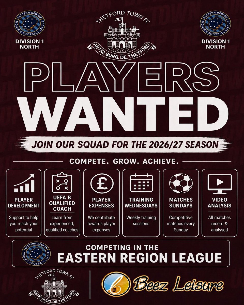 TT_LadiesFC's tweet photo. ❗️𝑷𝑳𝑨𝒀𝑬𝑹 𝑹𝑬𝑪𝑹𝑼𝑰𝑻𝑴𝑬𝑵𝑻❗️

New season. New opportunities.

Join Thetford Town FC and be part of something special.

📩 Message us to register your interest. 

@BeezLeisure https://t.co/cUFkUdLSNn