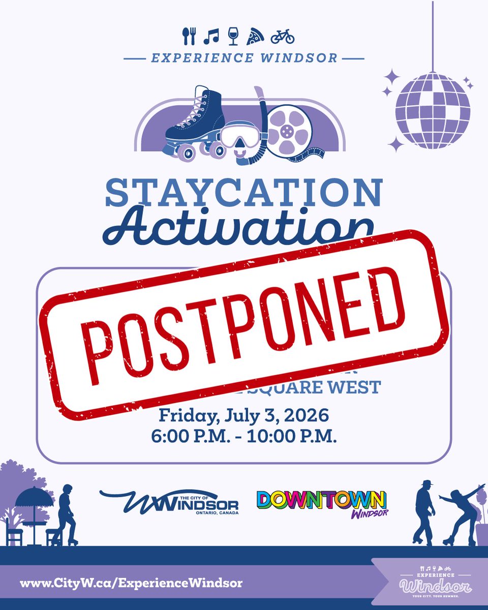 CityWindsorON's tweet photo. Due to weather conditions, tonight’s Experience Windsor's Wheels Night “Disco Skate Party” at City Hall Square Rink has been cancelled. The event will be postponed to a future date, which will be announced once confirmed. Thank you for your understanding. Stay tuned for updates! https://t.co/vmIF0MzgXN