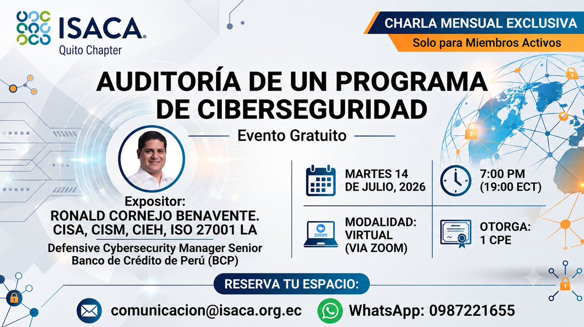 ISACAQuito's tweet photo. Cordialmente invitados a la charla mensual: Auditorรญa de un Programa de Ciberseguridad ๐ป๐
๐๏ธ Martes, 14 de julio
๐ 19:00
โ
Sin costo para miembros
Mรกs informaciรณn:
comunicacion@isaca.org.ec I 0987221655
#ISACA #Libredecostos #Ciberseguridad https://t.co/BsVpov5Iwh